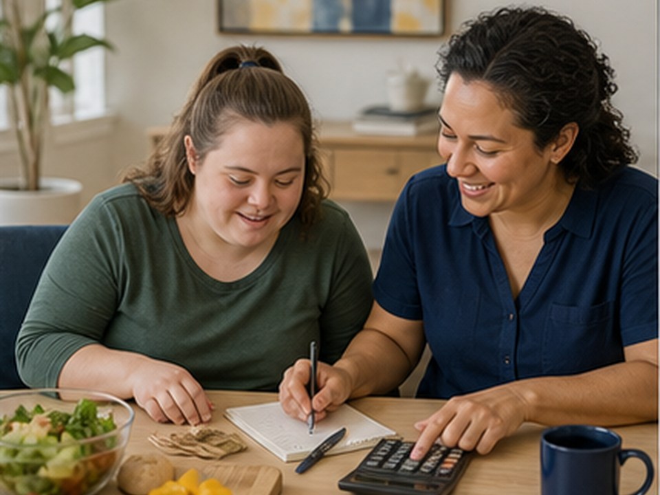 Adult client and support professional practicing budgeting and meal planning