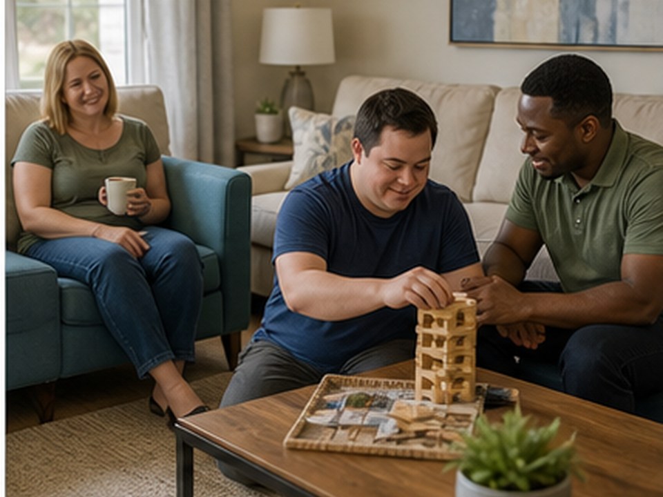 Support professional engaging an adult client while a family caregiver rests nearby