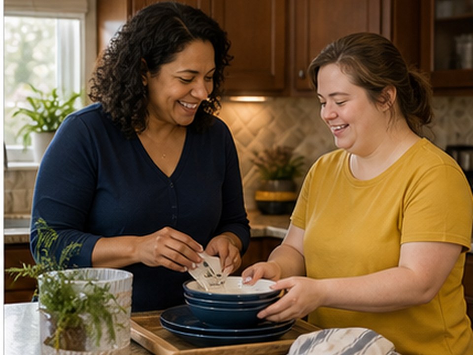 Support professional helping an adult client with a home kitchen routine